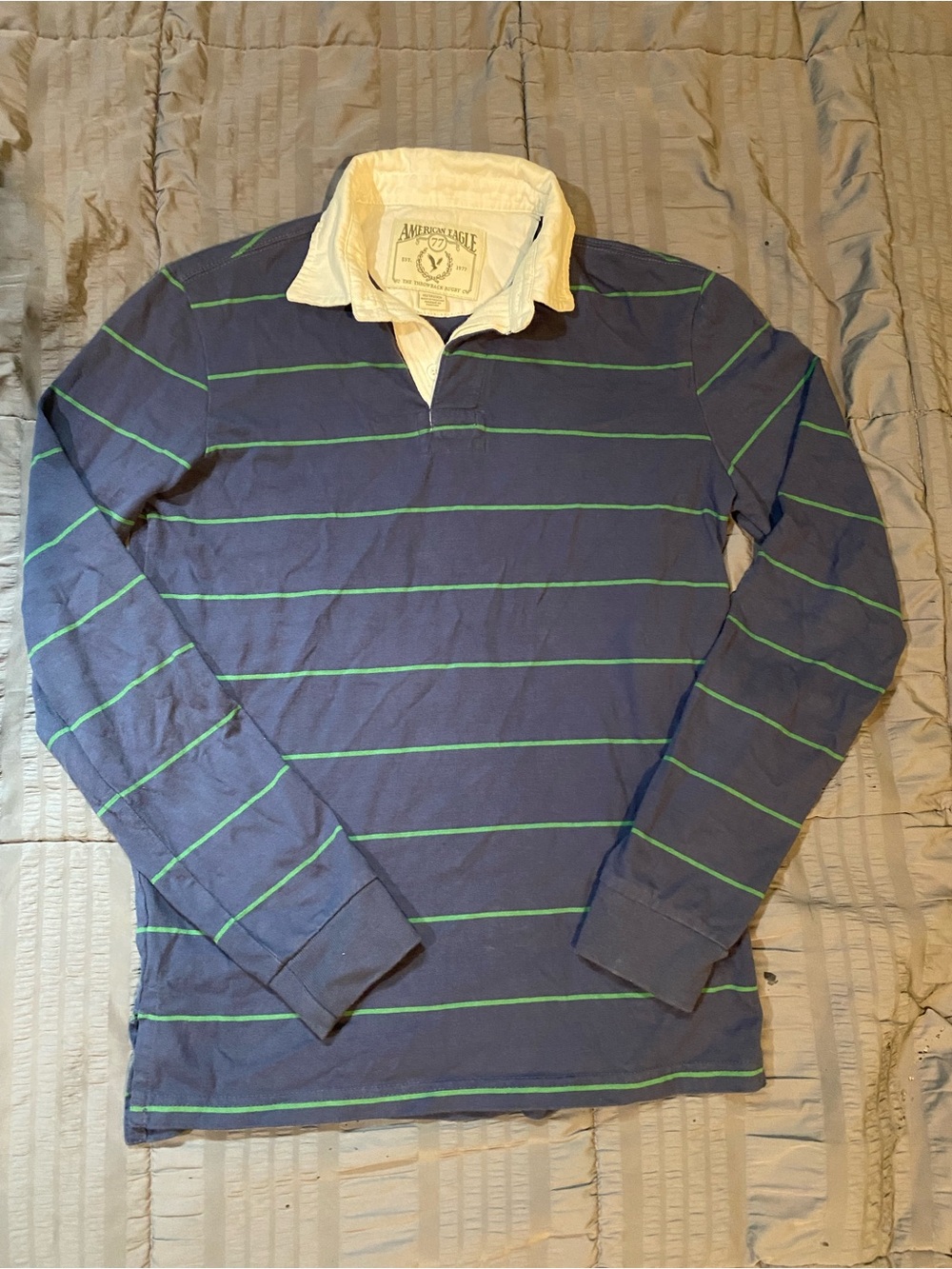 American Eagle Outfitters Navy Rugby Shirt with Green Stripes and White Collar